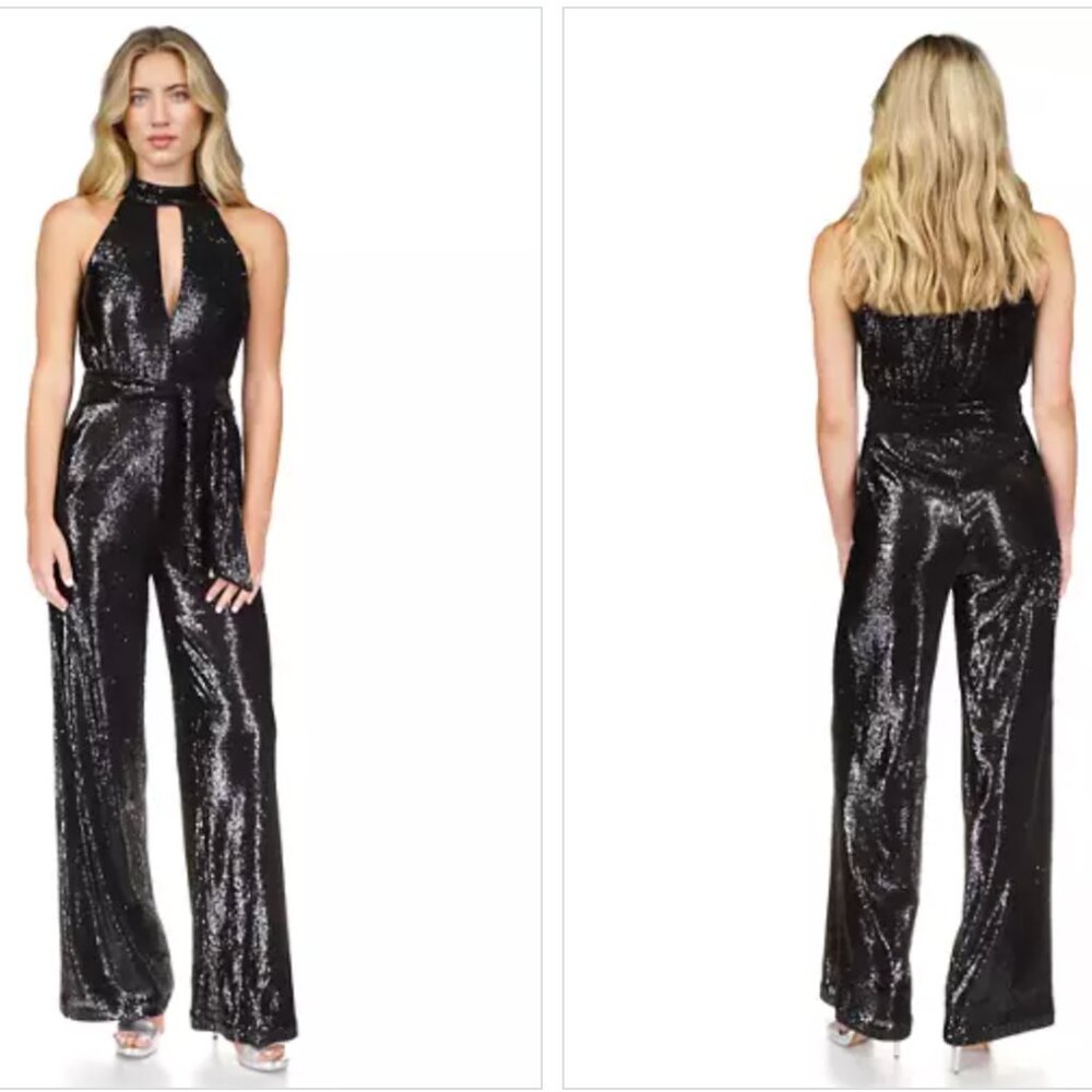 Michael Kors Women's Sequin Halter Wide-Leg Jumpsuit BLACK NWT Size XL